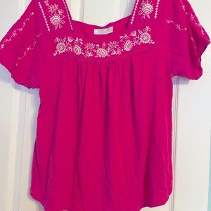 Time and Tru Babydoll top with embroidery-pink with white flowers, size XL